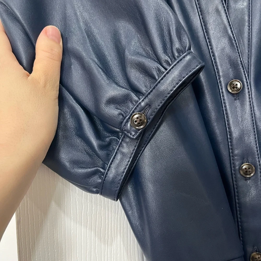 Ann Taylor Navy Faux-Leather Button-Front Midi Dress with Tie Waist - Picture 5 of 8